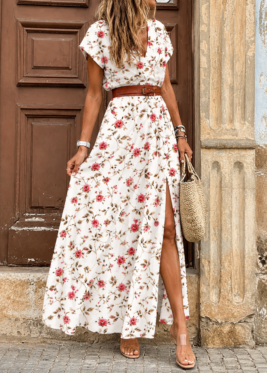 Sarisa™ | Vestido Maxi Floral con Cinturón y Efecto Vientre Plano