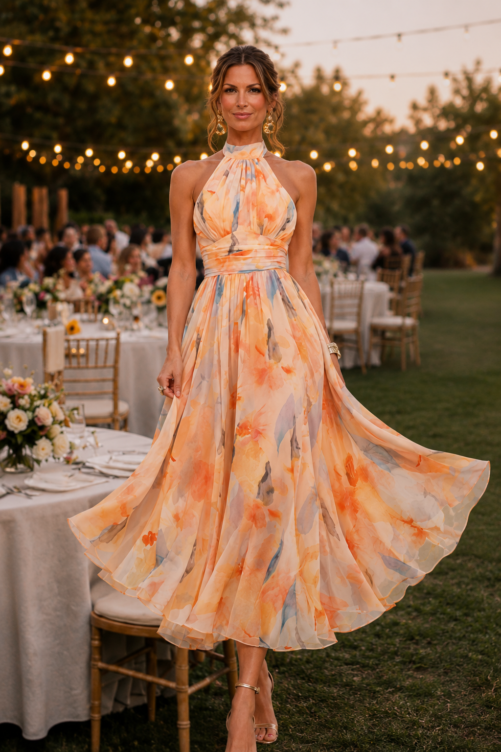 Aurora™ | Vestido Halter con Estampado Acuarela y Efecto Vientre Plano