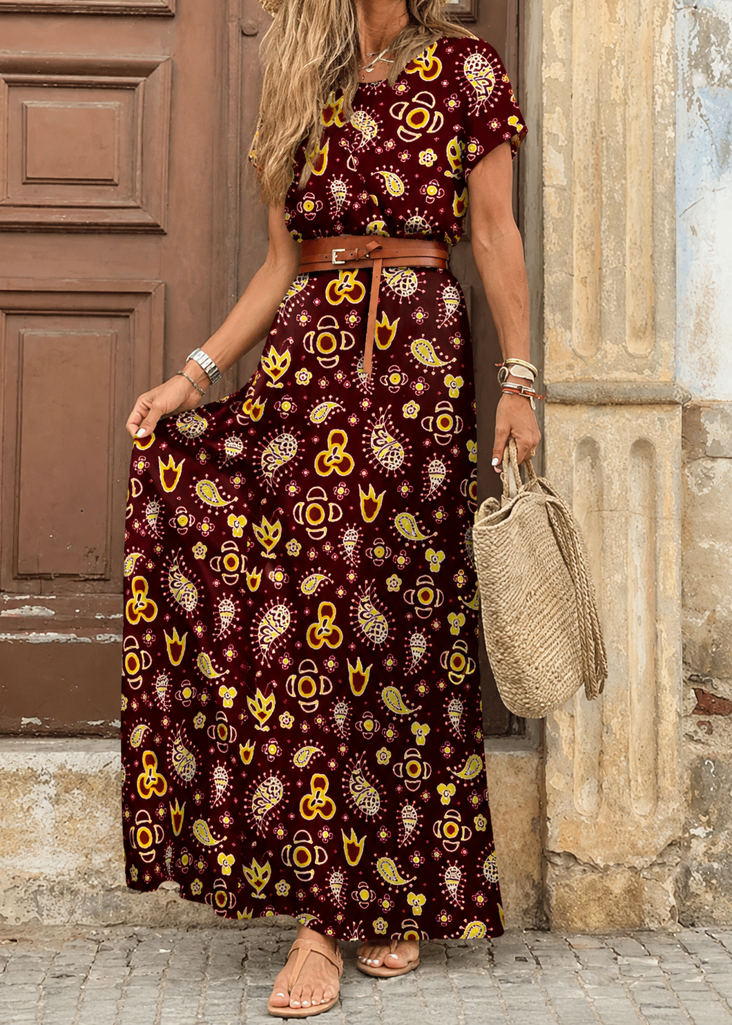 Sarisa™ | Vestido Maxi Floral con Cinturón y Efecto Vientre Plano