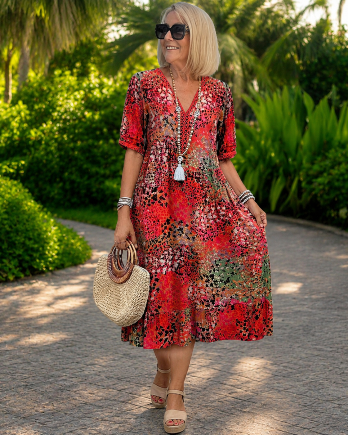 Iris™ | Vestido Midi Ligero Estampado con Efecto Vientre Plano
