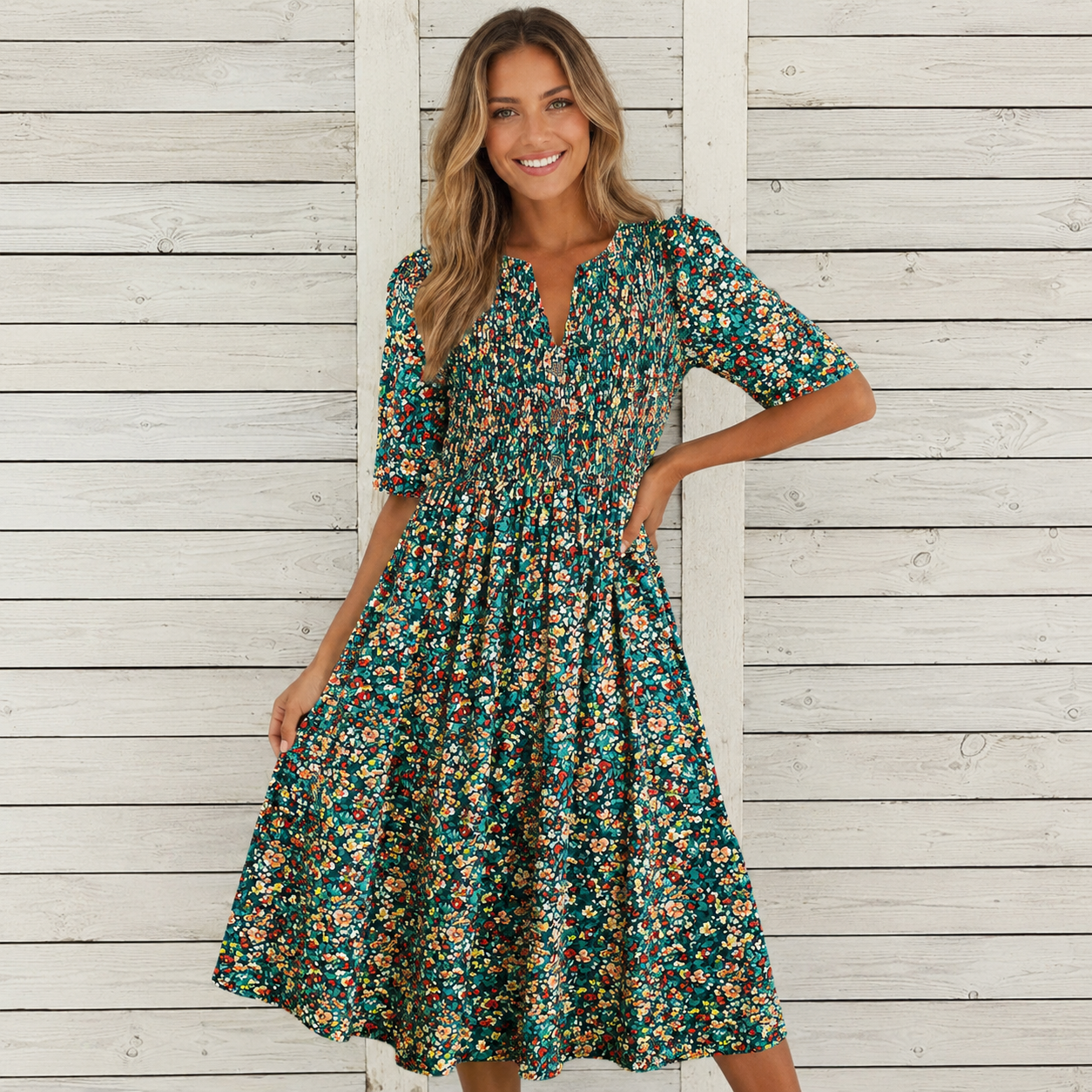 Danica™ | Vestido Midi Floral con Efecto Vientre Plano